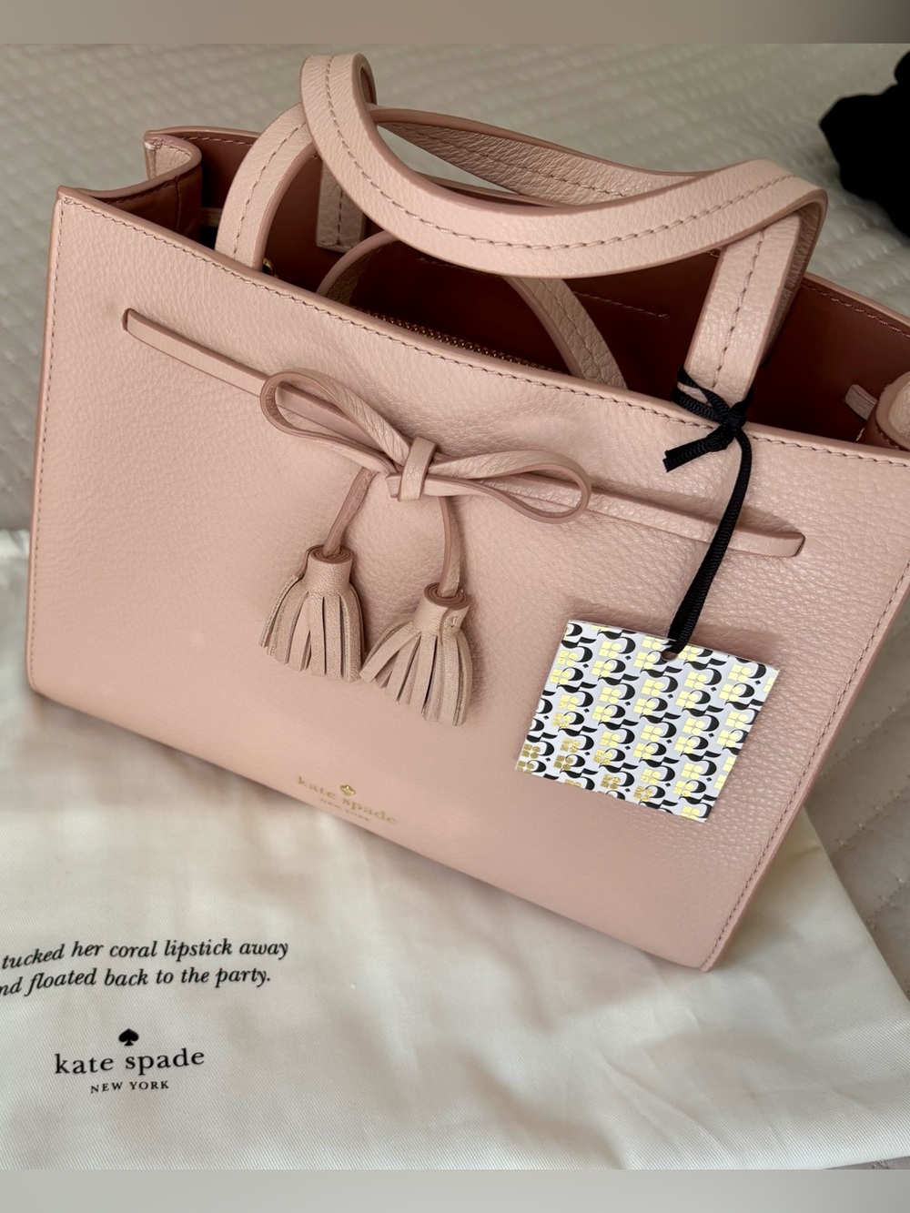 kate spade 25th Anniversary Pebble Leather Satchel in Blush Pink with Tassel Bow